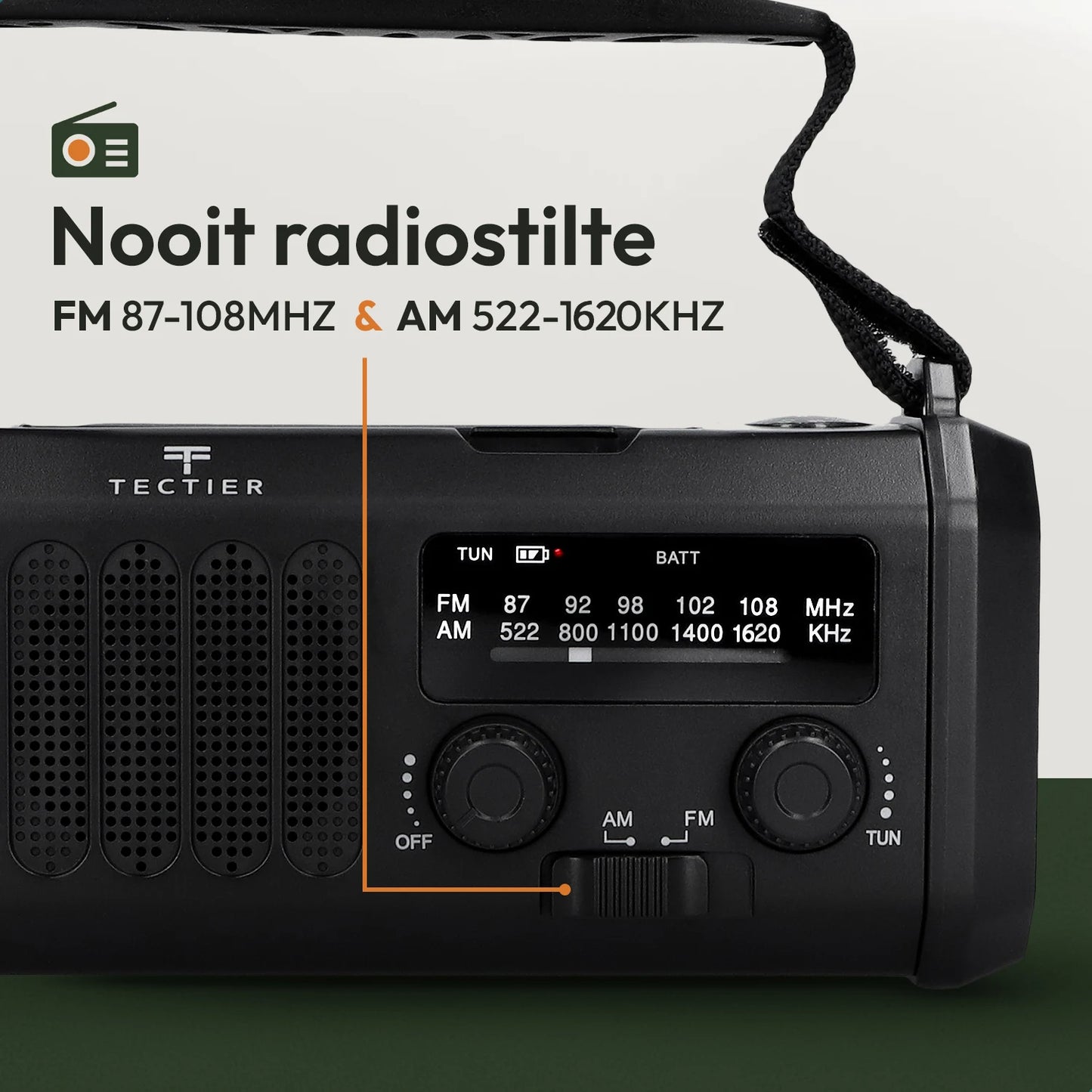 Noodradio met FM en AM radio ontvangst voor informatie tijdens noodsituaties