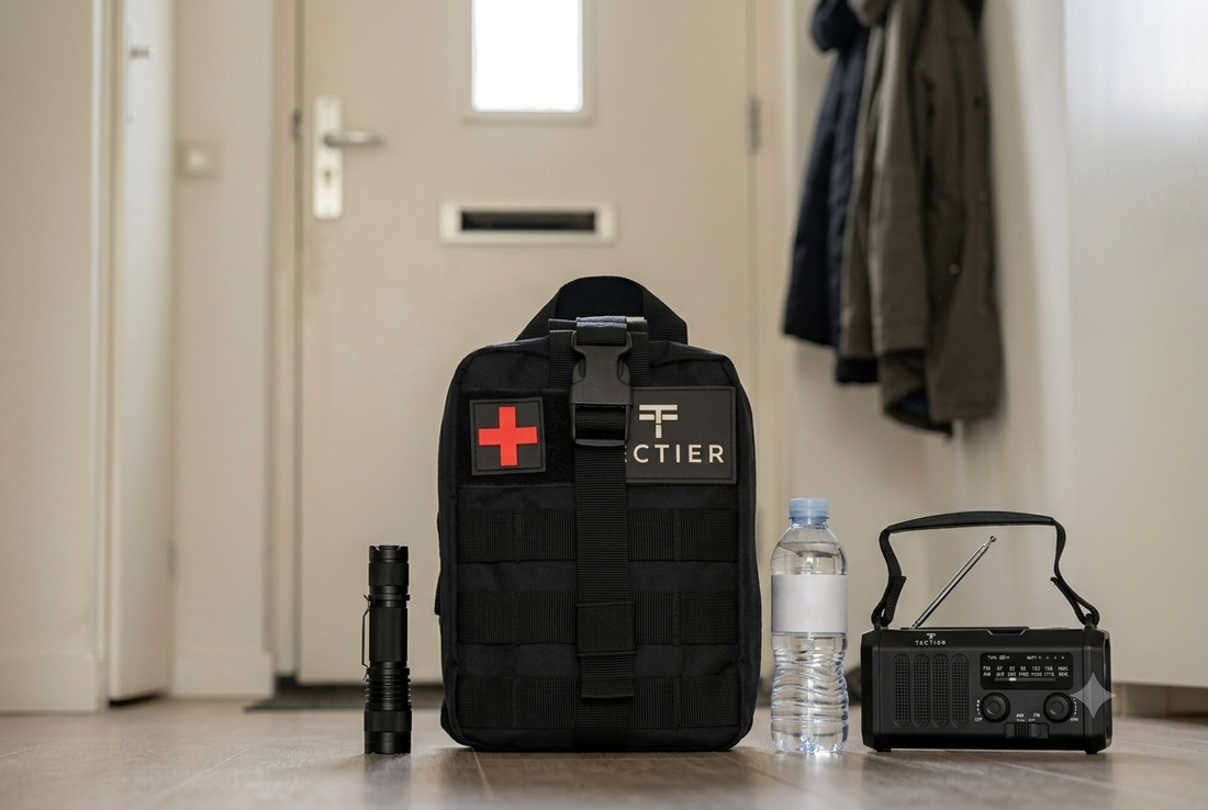 Ingepakte noodrugzak met noodradio, water en zaklamp klaar bij de voordeur voor 72 uur zelfredzaamheid