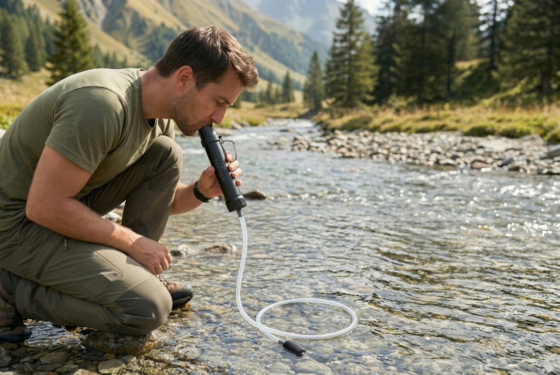 Wandelaar filtert drinkwater uit een bergbeek met een draagbaar survival-waterfilter