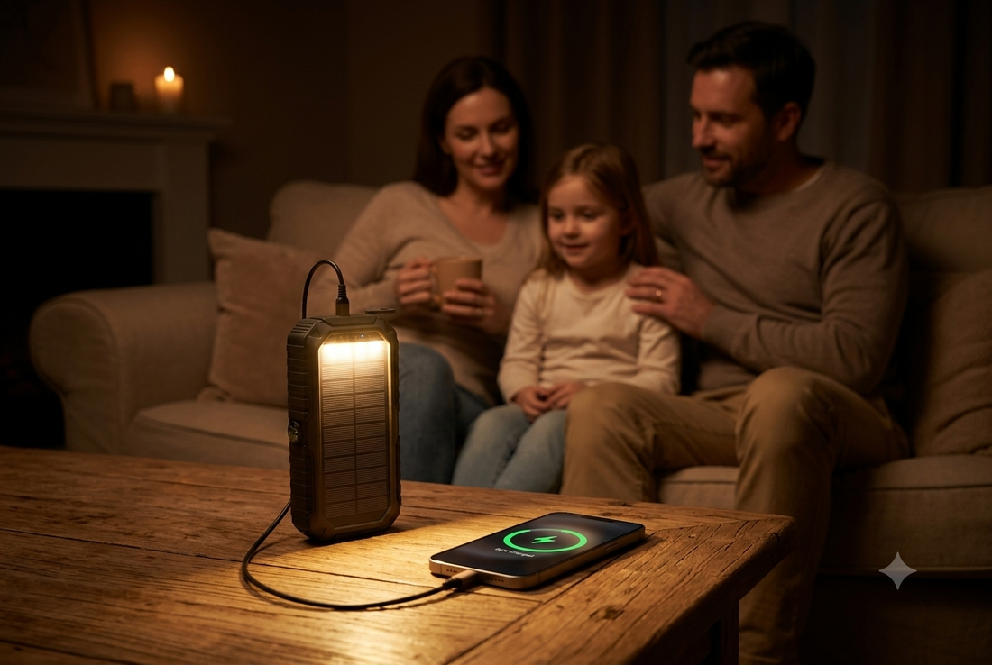 Gezin 's avonds tijdens stroomuitval terwijl een telefoon oplaadt via een solar-noodpowerbank met ingebouwde lamp