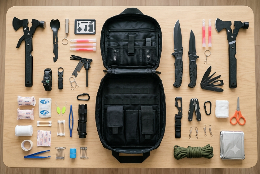 Flatlay van de inhoud van een 142-delig noodpakket: EHBO, gereedschap, mes, zaklamp en touw rond een tactische rugzak