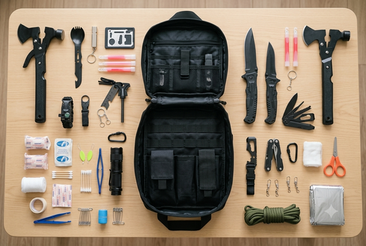 Flatlay van de inhoud van een 142-delig noodpakket: EHBO, gereedschap, mes, zaklamp en touw rond een tactische rugzak
