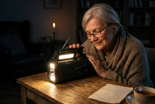 Oudere vrouw luistert 's avonds bij kaarslicht naar een noodradio met ingebouwde lamp tijdens stroomuitval