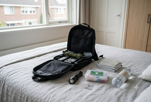 Open noodrugzak of grab bag op een bed met de inhoud ernaast: zaklamp, EHBO, nooddeken en water