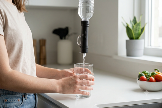 Iemand vult een glas met schoon water via een draagbaar waterfilter aan het aanrecht tijdens een kookadvies voor kraanwater