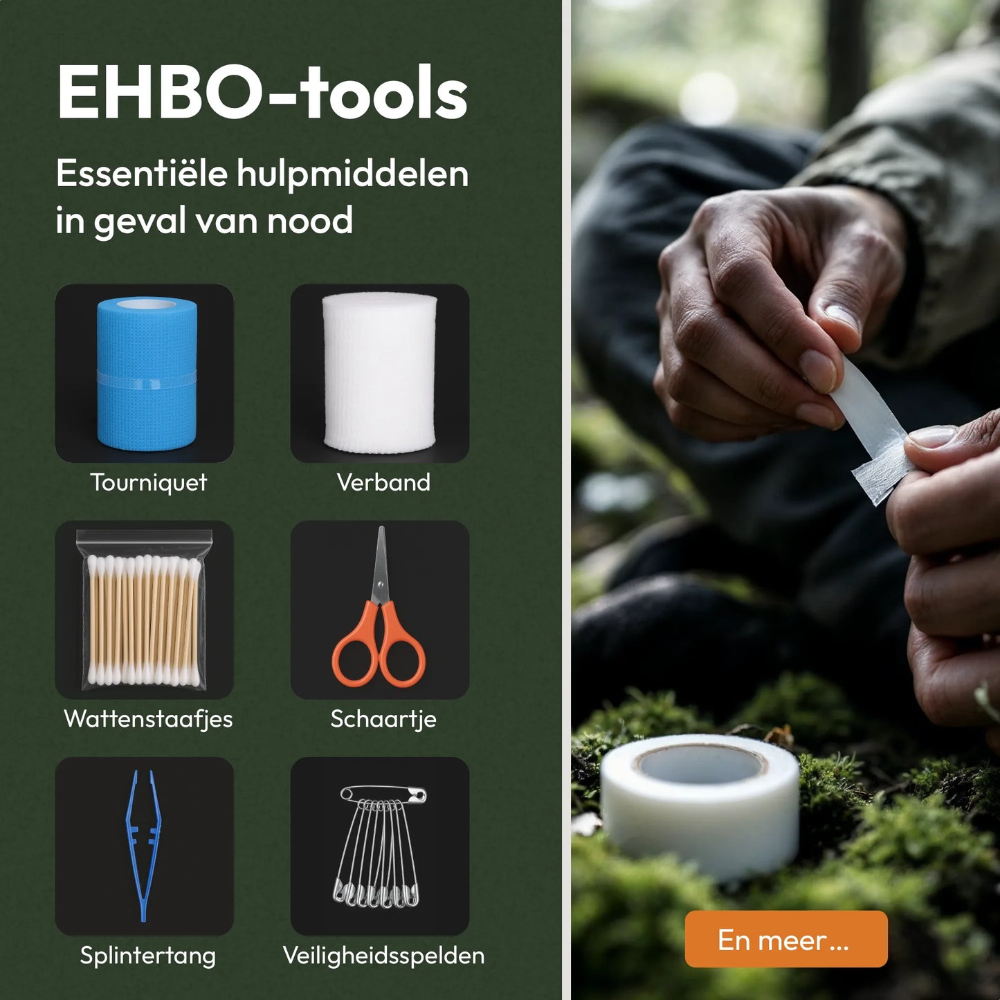 EHBO hulpmiddelen uit het noodpakket zoals verband, tourniquet, schaar en veiligheidsspelden