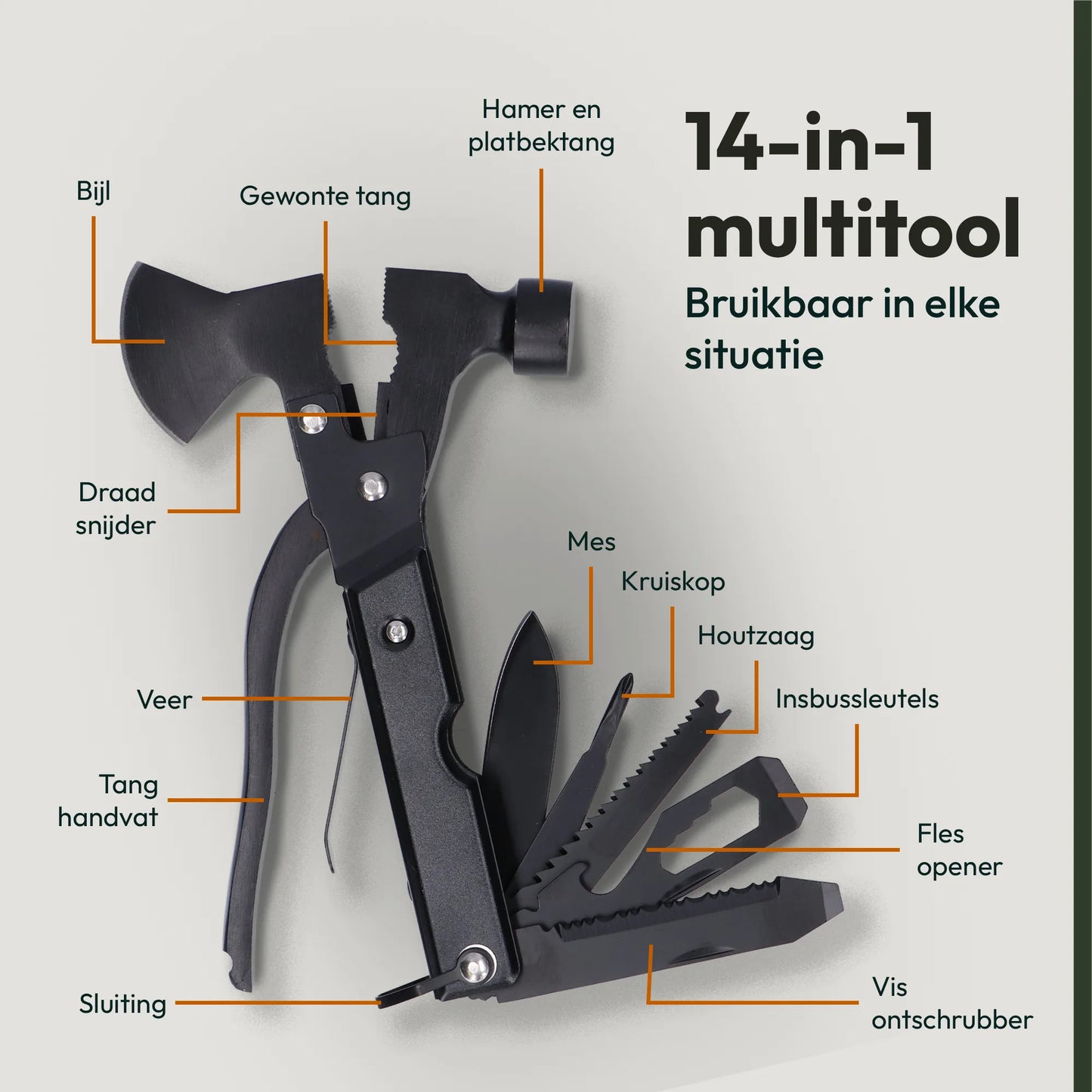 Multifunctionele survival multitool met bijl, tang en mes uit het noodpakket