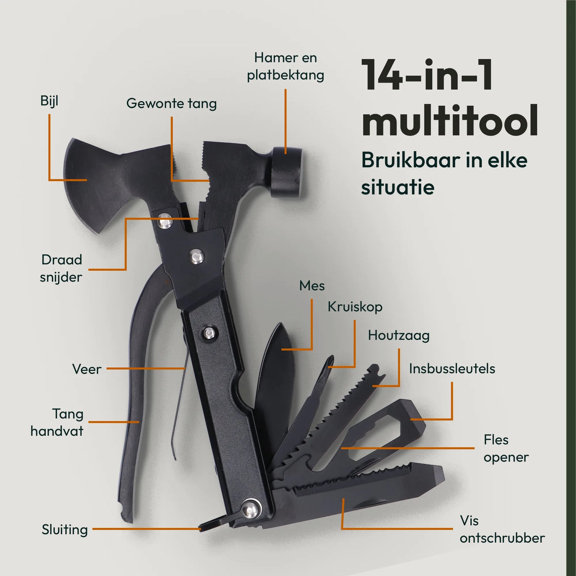 Multifunctionele survival multitool met bijl, tang en mes uit het noodpakket