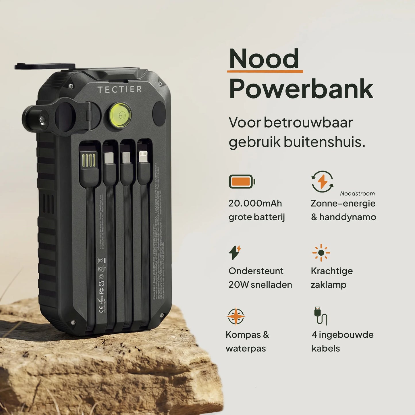 Solar nood powerbank met handdynamo, zonnepaneel, zaklamp, kompas en ingebouwde kabels