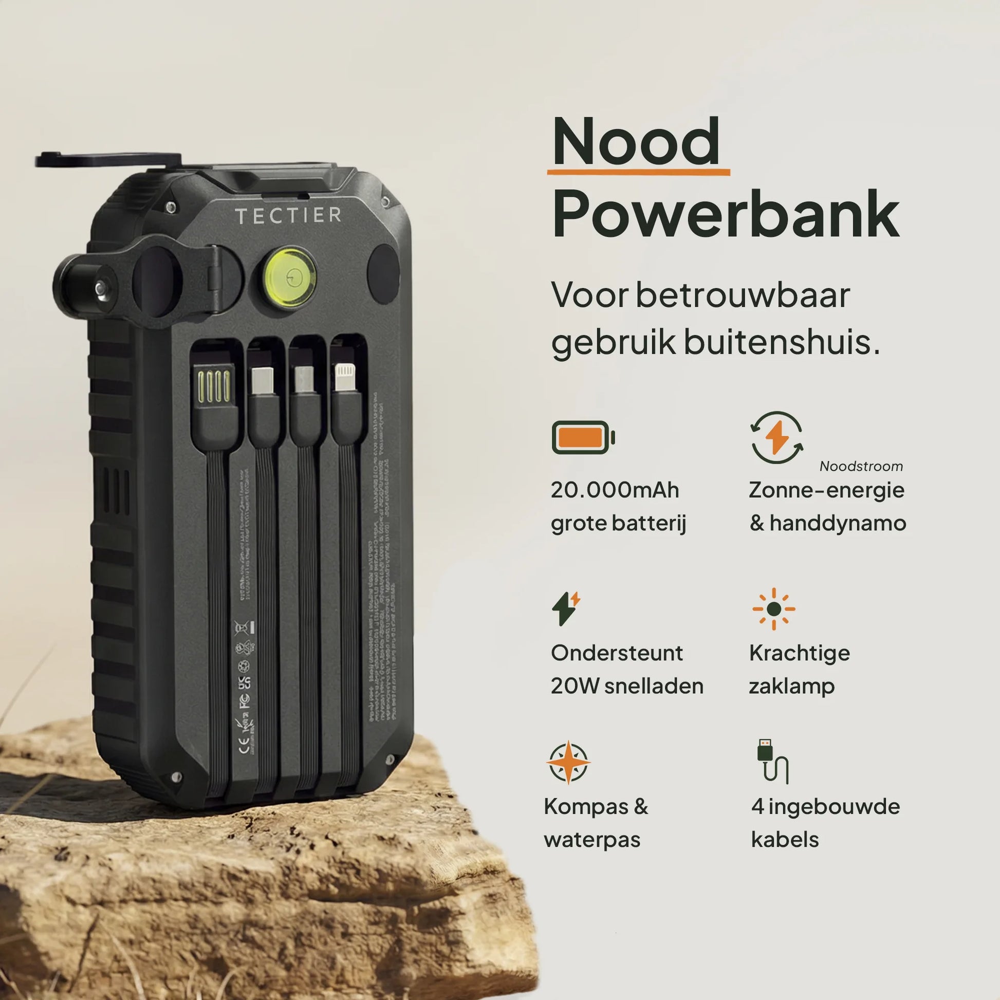 Solar nood powerbank met handdynamo, zonnepaneel, zaklamp, kompas en ingebouwde kabels