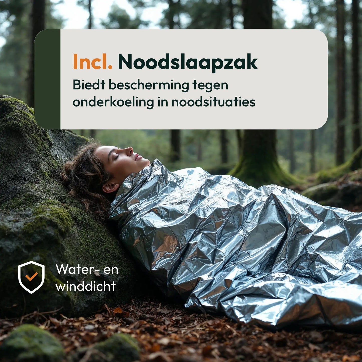 Nooddeken uit het survival noodpakket die warmte vasthoudt en beschermt tegen onderkoeling