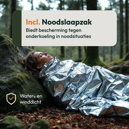 Nooddeken uit het survival noodpakket die warmte vasthoudt en beschermt tegen onderkoeling