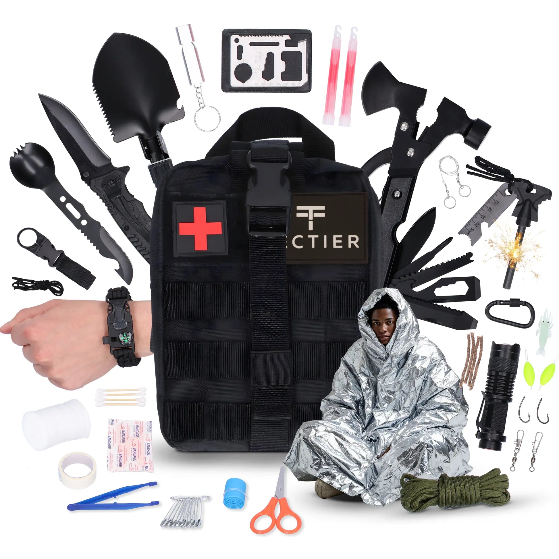 142-delig noodpakket survival kit met rugtas en EHBO-uitrusting inclusief multitool, zaklamp, mes en nooddeken