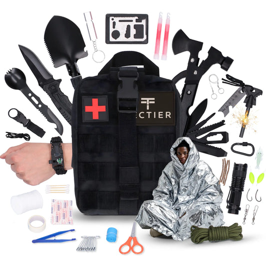 142-delig noodpakket survival kit met rugtas en EHBO-uitrusting inclusief multitool, zaklamp, mes en nooddeken