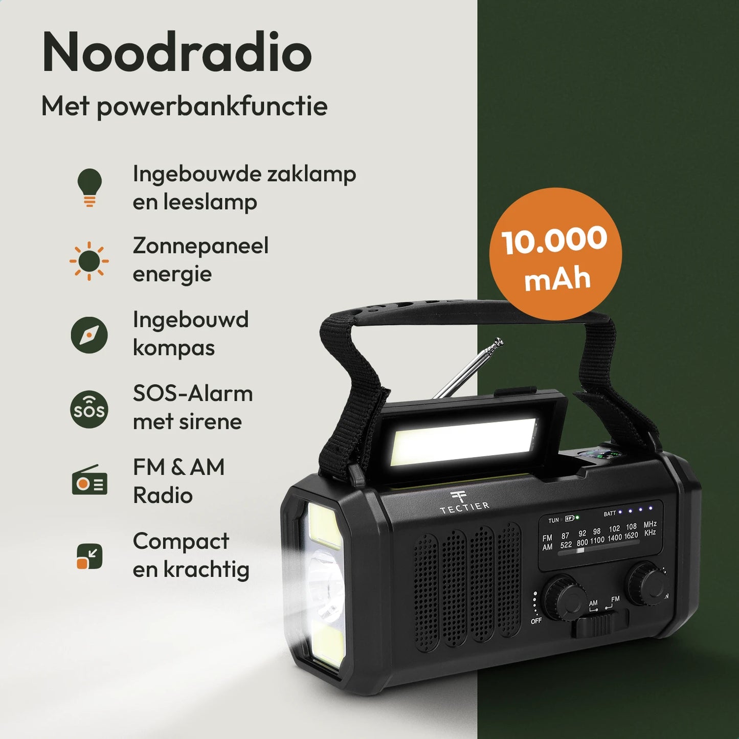 Noodradio met powerbank functie inclusief zaklamp, zonnepaneel, kompas, SOS alarm en FM AM radio