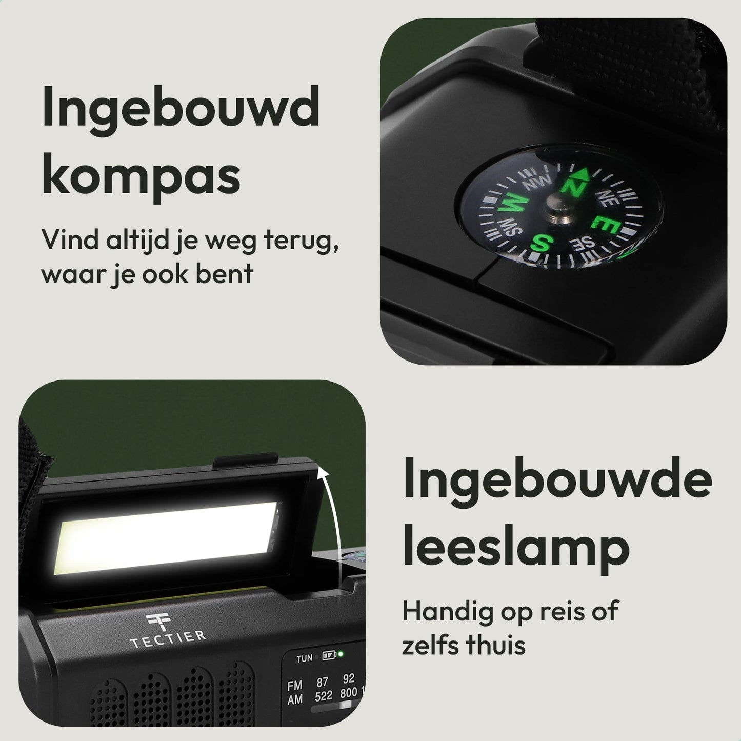 Noodradio met ingebouwd kompas en leeslamp voor navigatie en verlichting