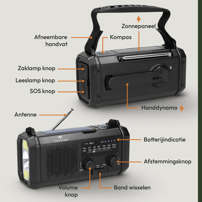 Overzicht van onderdelen van de noodradio zoals zonnepaneel, handdynamo, antenne en bedieningsknoppen