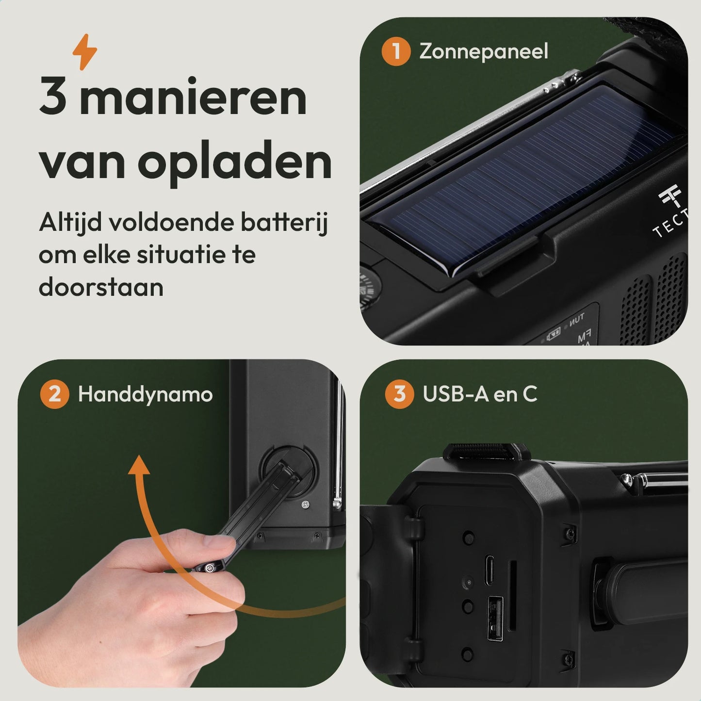 Noodradio opladen via zonnepaneel, handdynamo of USB aansluiting met ingebouwde powerbank