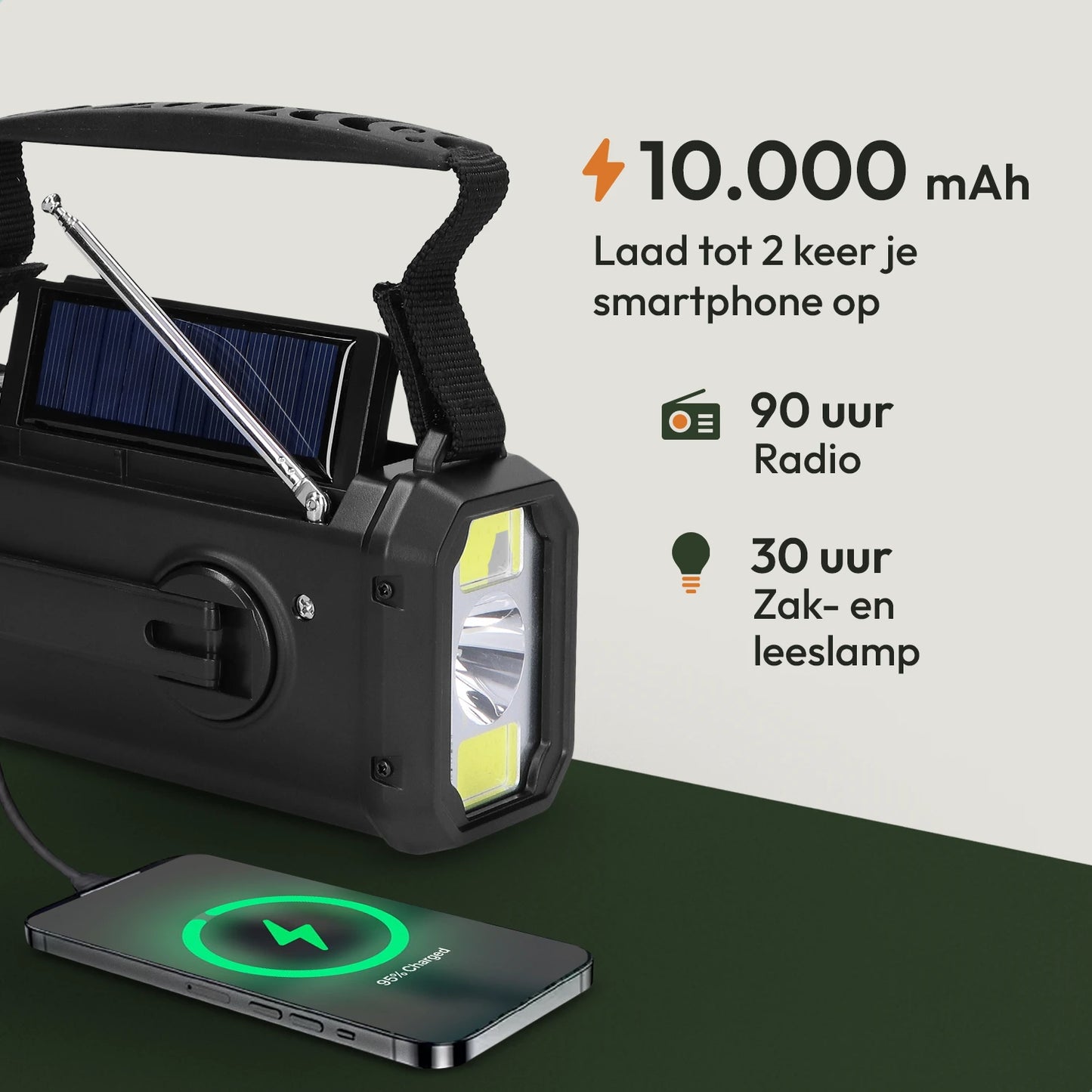 Noodradio met 10000 mAh powerbank om smartphone of andere apparaten op te laden