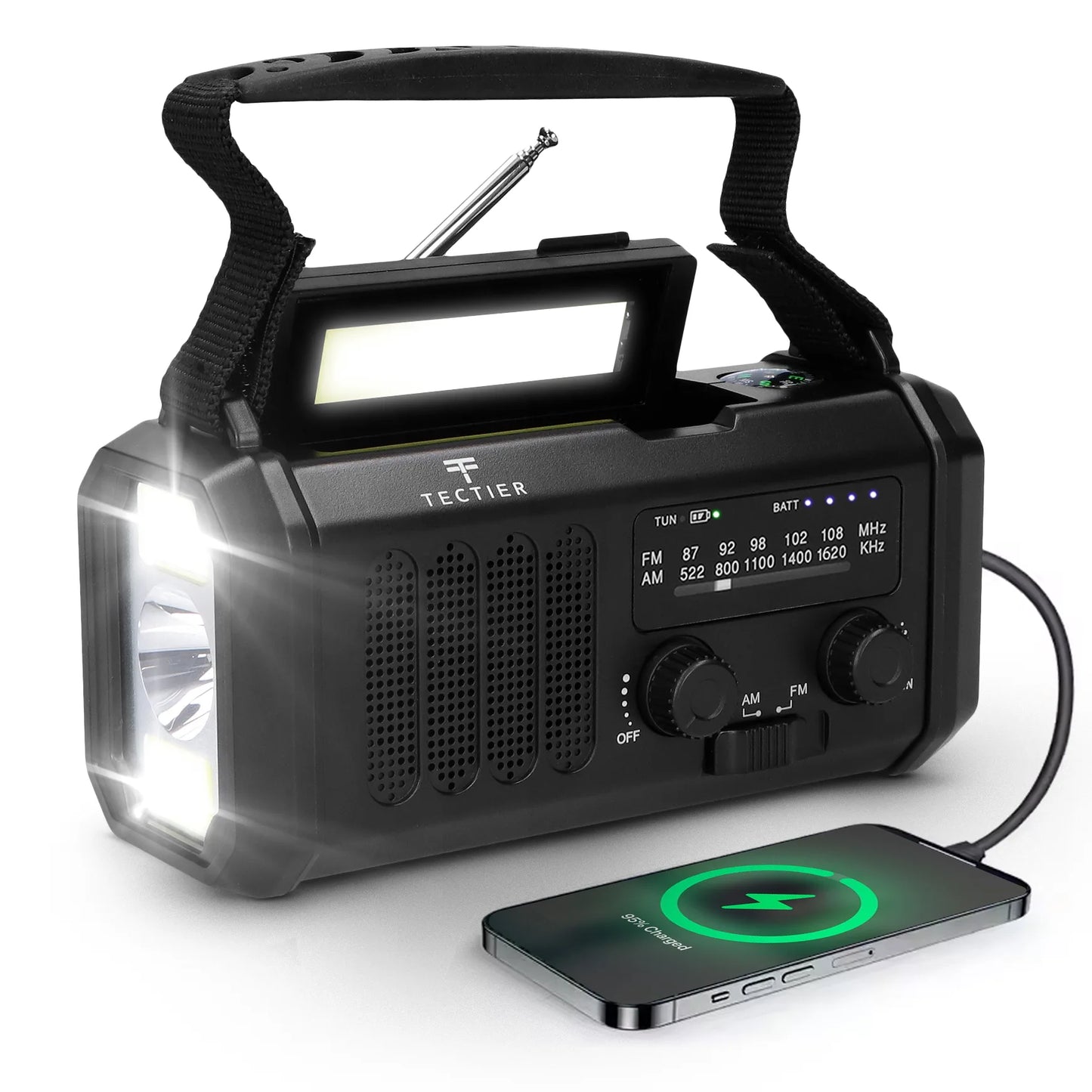 Noodradio met powerbank, zonnepaneel en handdynamo met ingebouwde zaklamp en mogelijkheid om smartphone op te laden