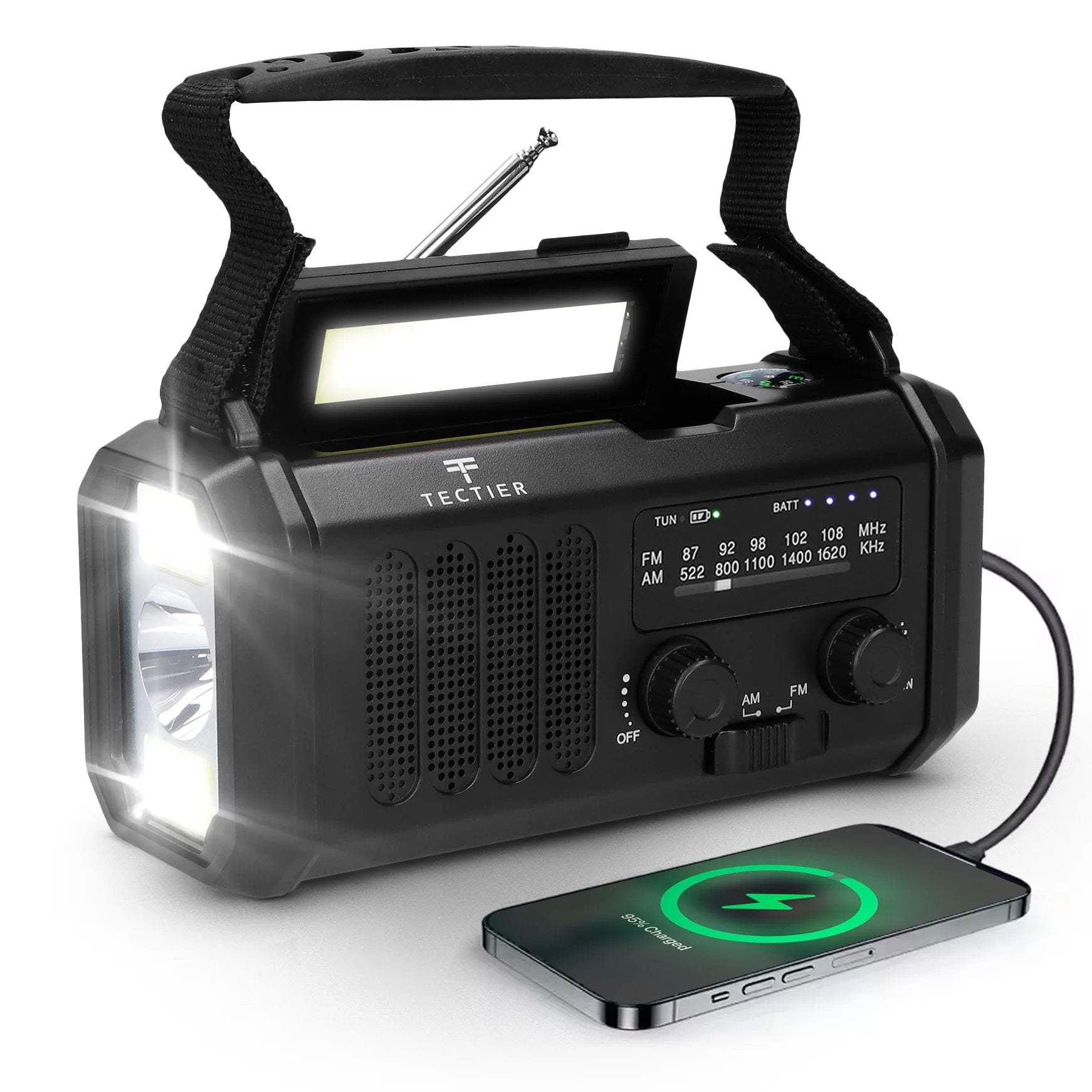 Noodradio met powerbank, zonnepaneel en handdynamo met ingebouwde zaklamp en mogelijkheid om smartphone op te laden