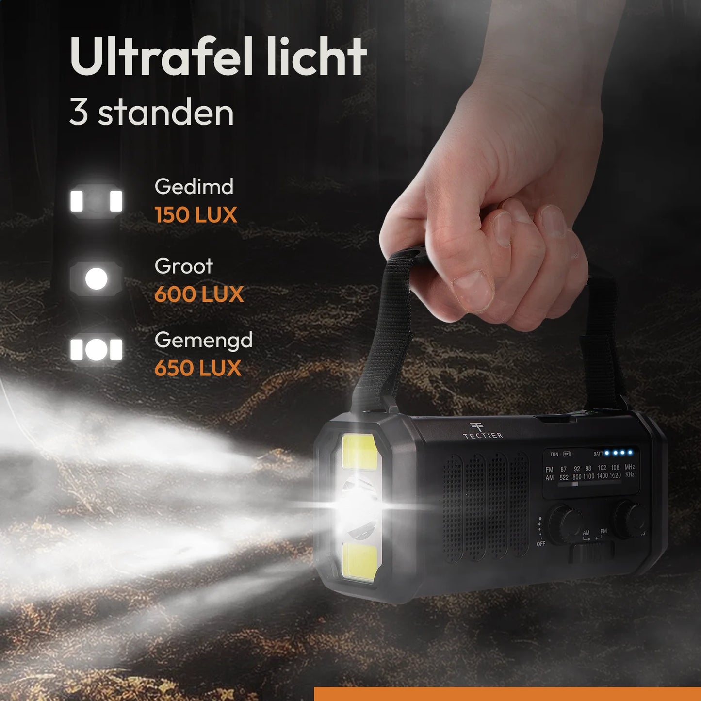 Noodradio met krachtige zaklamp met drie lichtstanden voor noodsituaties en outdoor gebruik