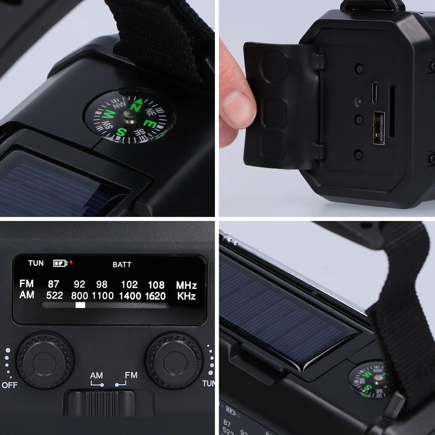 Detail van het zonnepaneel van de noodradio voor opladen met zonne-energie