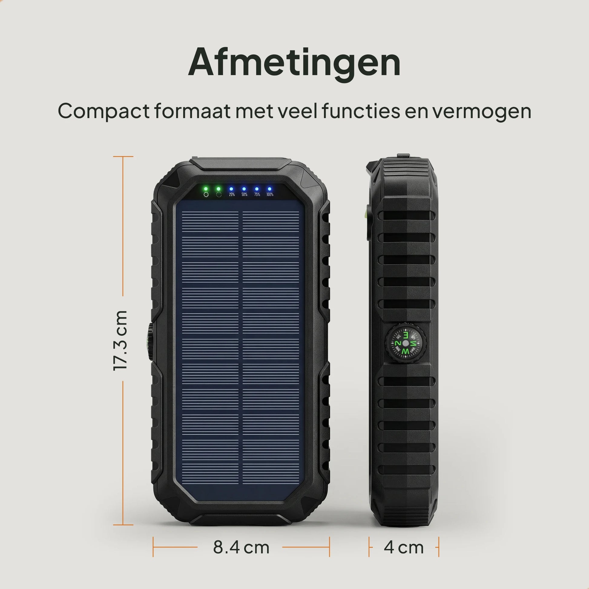 Afmetingen van de solar powerbank met compact formaat voor outdoor gebruik