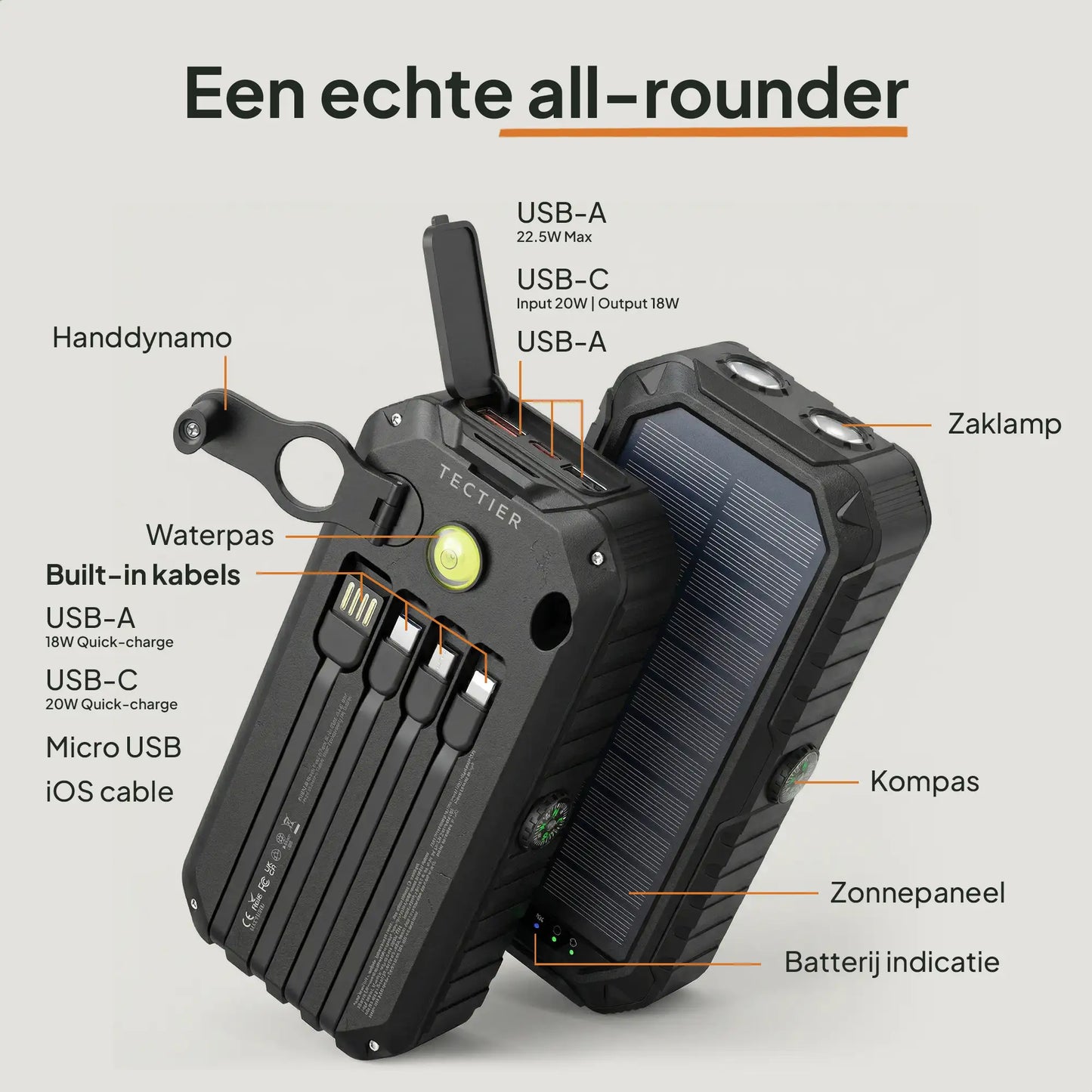 Solar powerbank met handdynamo, zonnepaneel en ingebouwde oplaadkabels