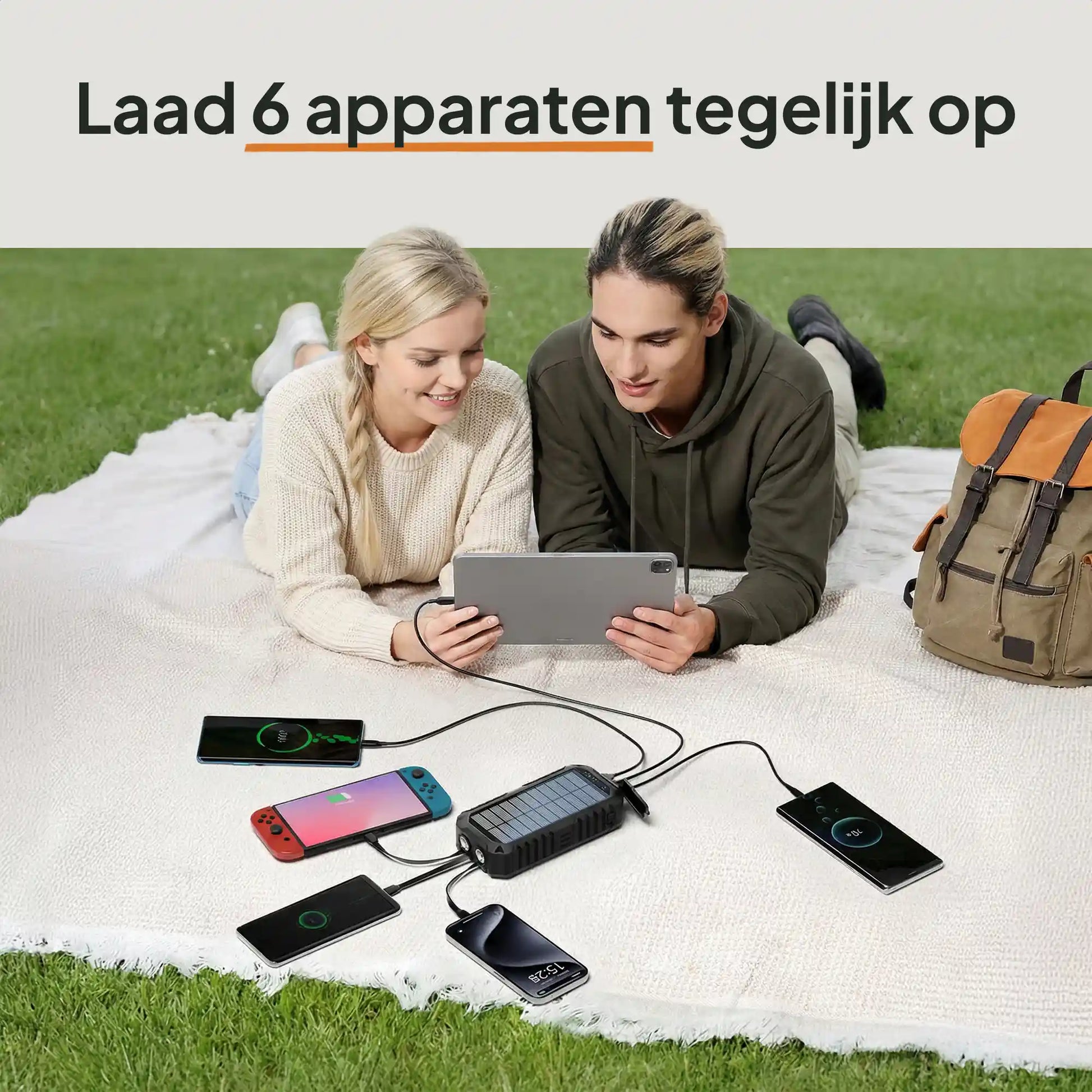 Solar powerbank waarmee meerdere apparaten tegelijk kunnen worden opgeladen