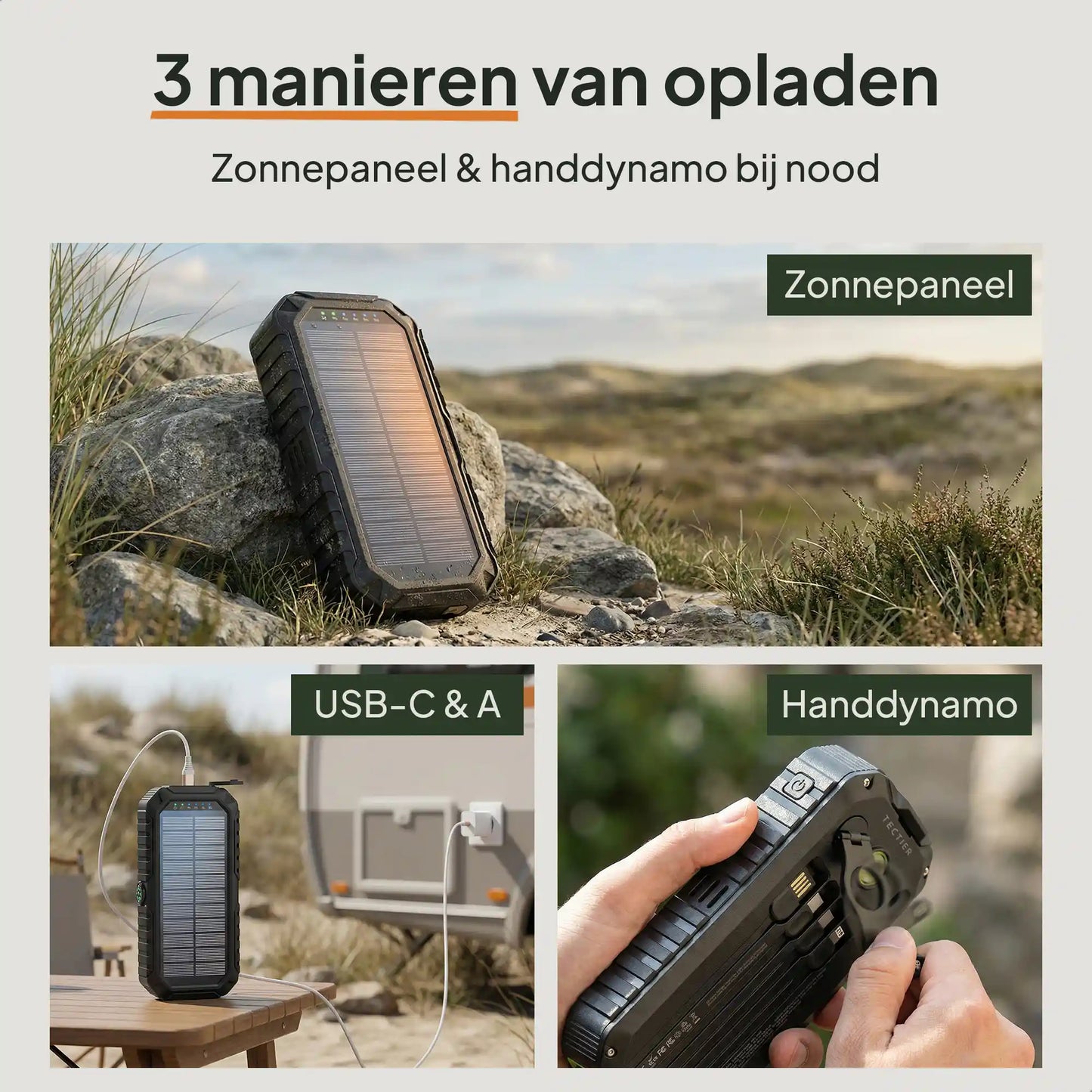 Solar powerbank opladen via zonnepaneel, USB aansluiting of handdynamo voor noodsituaties