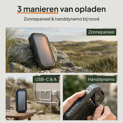Solar powerbank opladen via zonnepaneel, USB aansluiting of handdynamo voor noodsituaties