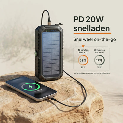 Solar powerbank met 20W snellaadfunctie via USB-C aansluiting