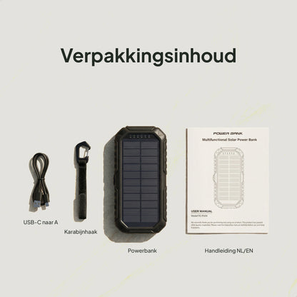 Inhoud van de verpakking van de solar powerbank inclusief kabel, karabijnhaak en handleiding