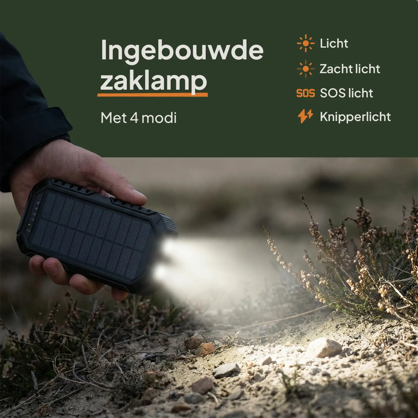 Solar powerbank met krachtige zaklamp en SOS noodverlichting