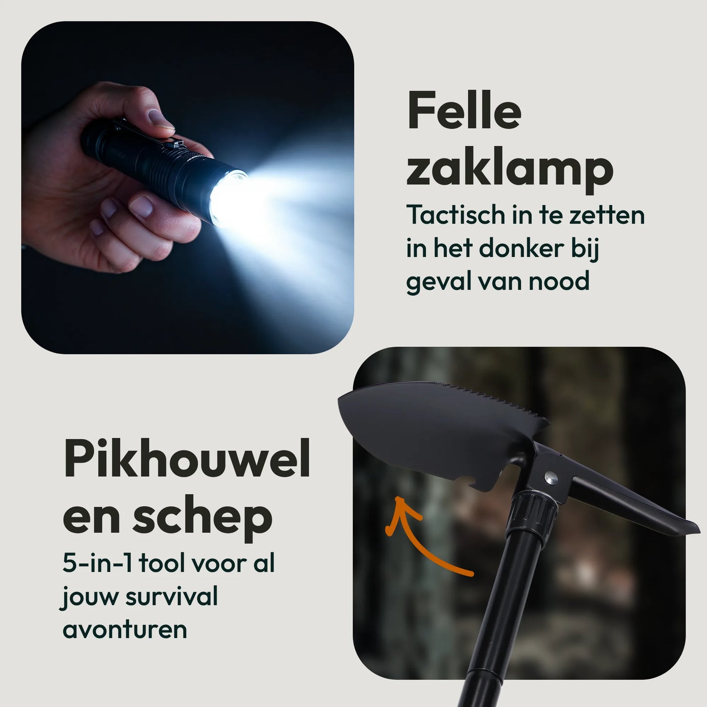 Tactische zaklamp en multifunctionele survival schep uit het noodpakket