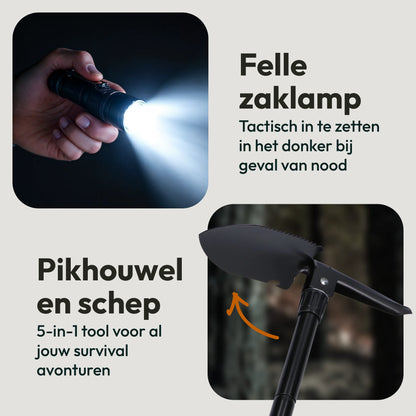 Tactische zaklamp en multifunctionele survival schep uit het noodpakket