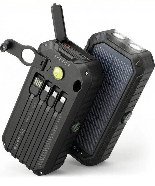 Tectier nood powerbank met zonnepaneel, handdynamo, zaklamp en ingebouwde oplaadkabels