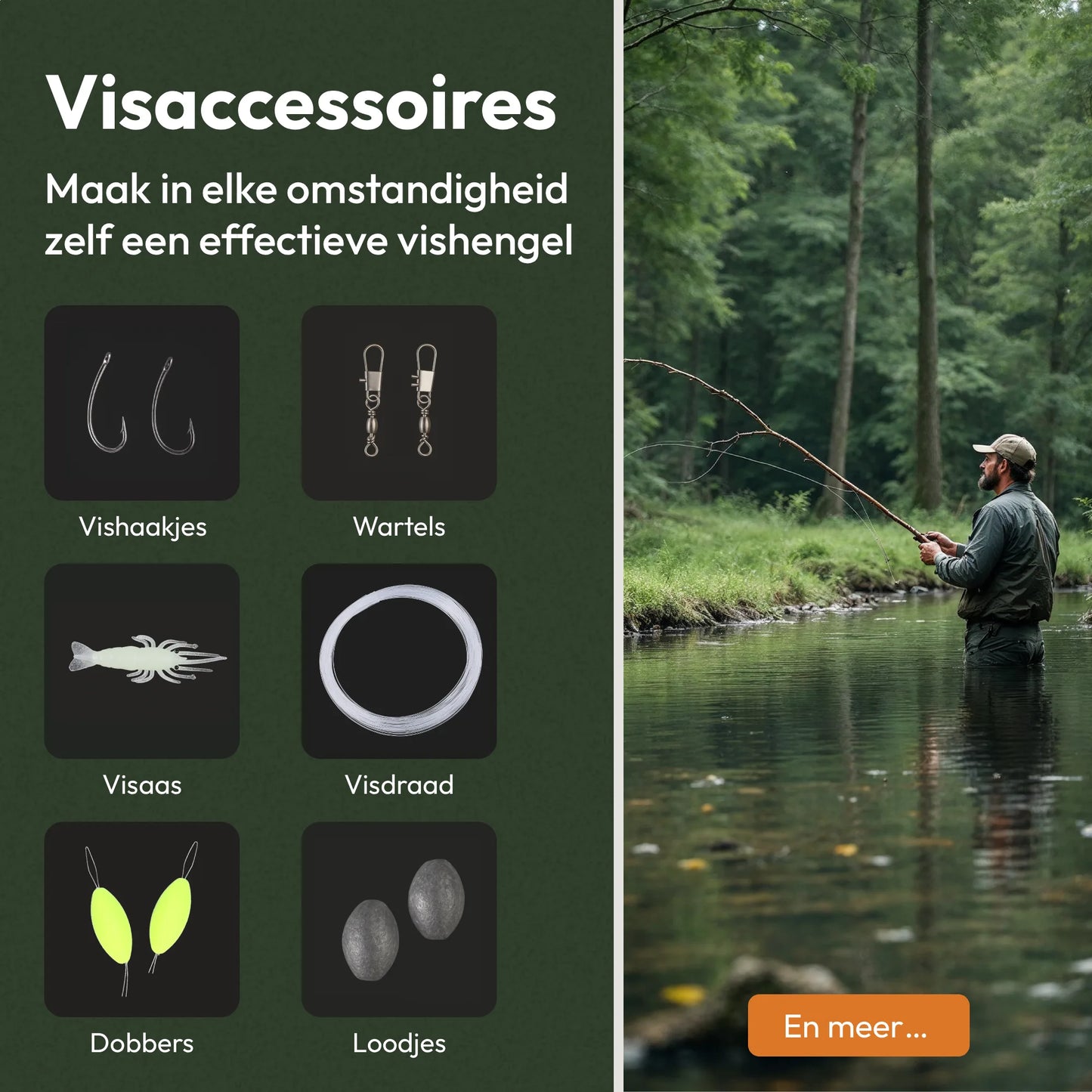Visaccessoires uit het survival noodpakket zoals vishaken, vislijn en dobbers