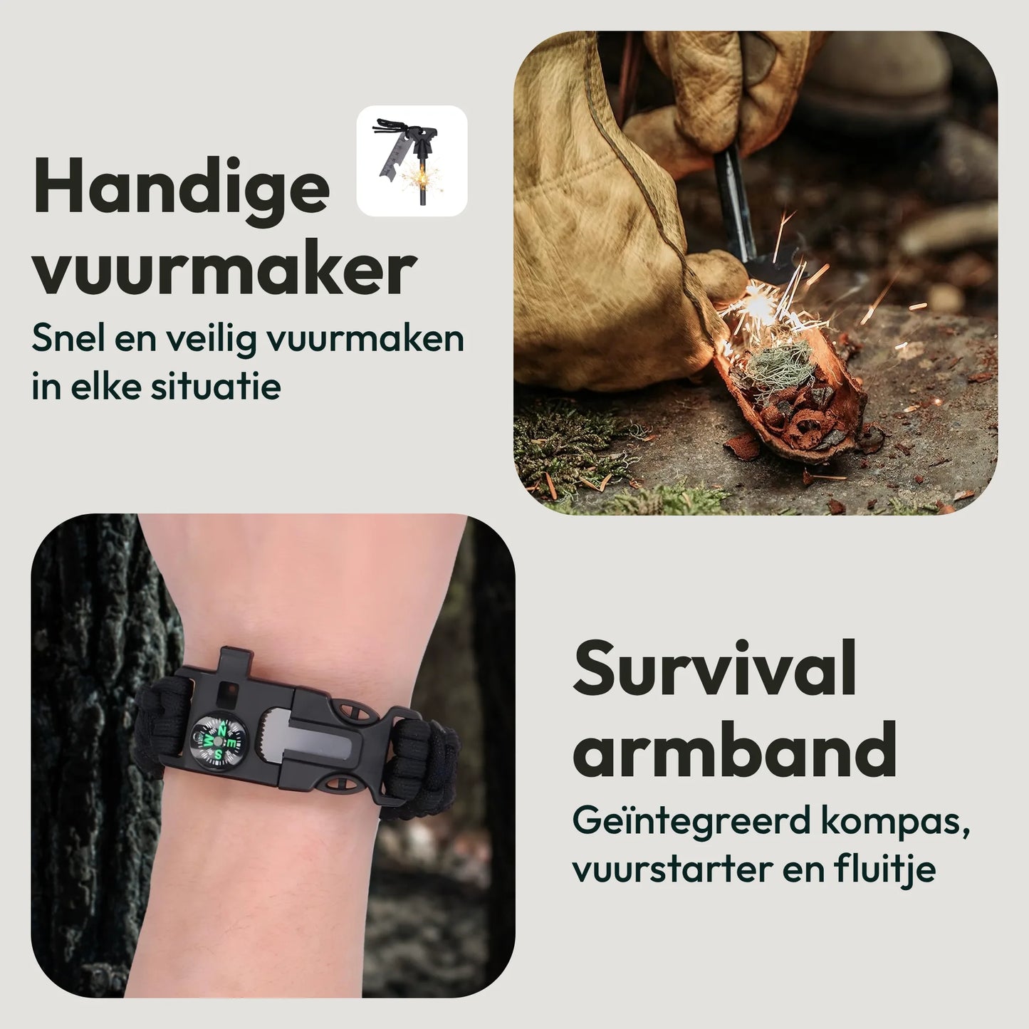 Vuurstarter en survival armband met kompas uit het noodpakket voor noodsituaties