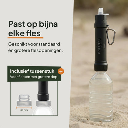 Outdoor drinkwaterfilter geschikt voor verschillende flesopeningen met meegeleverde adapter