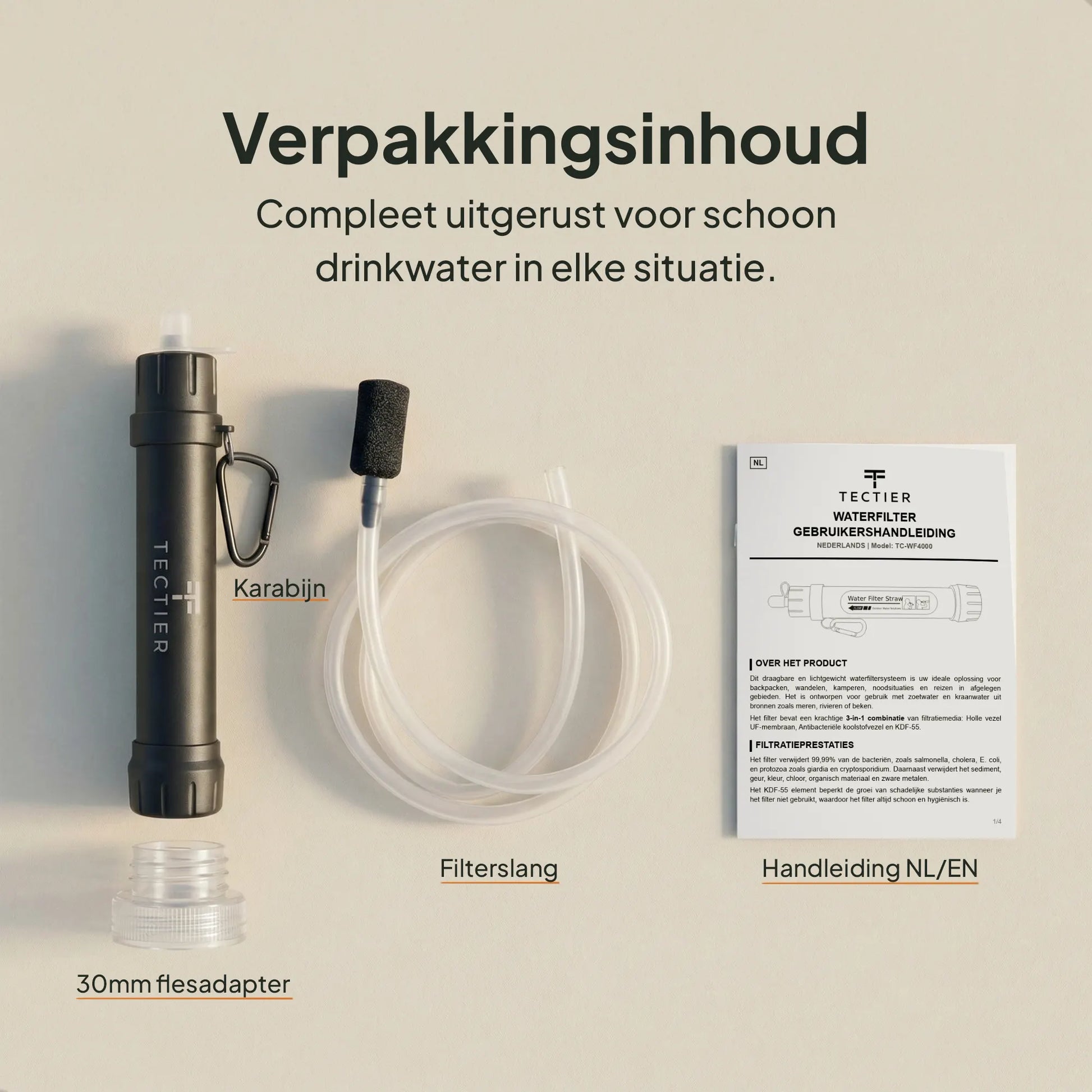 Verpakkingsinhoud van de survival waterfilter met filterslang, adapter en handleiding